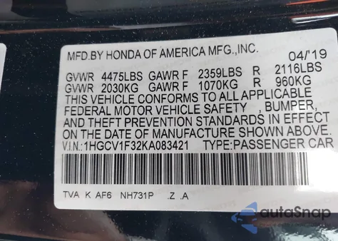 2019 Honda Accord Sport из США, поврежденный, VIN 1HGCV1F32KA083421